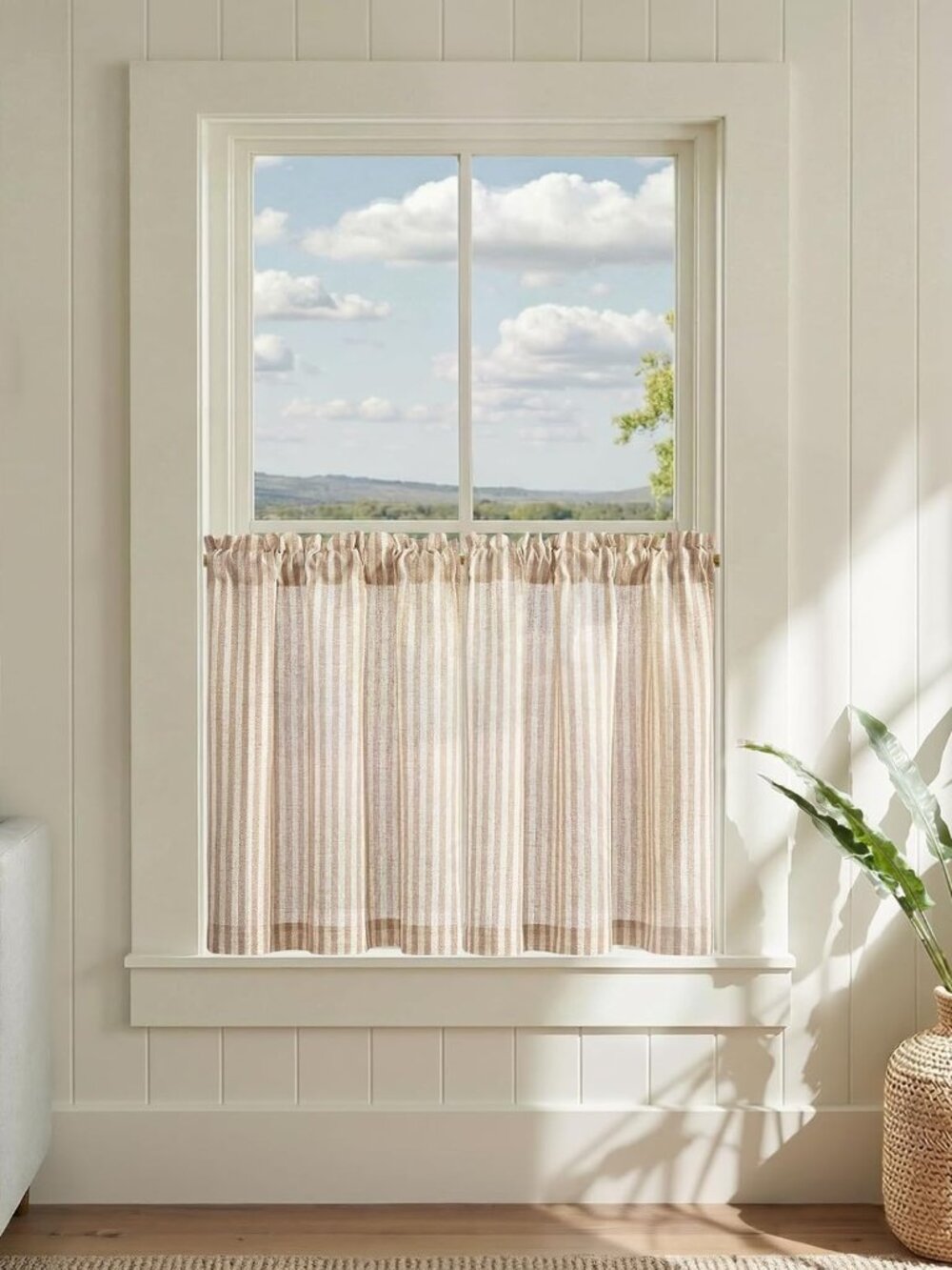 Striped Linen Kitchen Tier Curtains, 24 Inch, Tan, 2 Panels